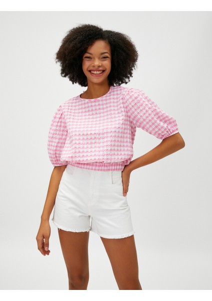 Crop Bluz Balon Kollu Bisiklet Yaka Beli Lastikli