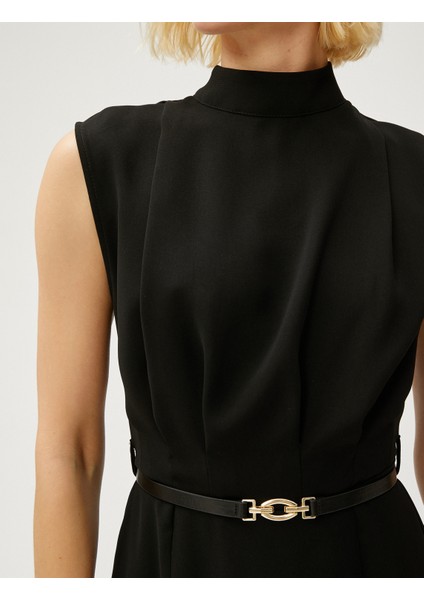 Drapeli Kısa Elbise Dik Yaka Kolsuz Kemerli10 indirimleri