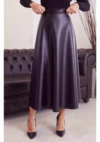 Kadın Siyah Kloş Deri Etek modelleri