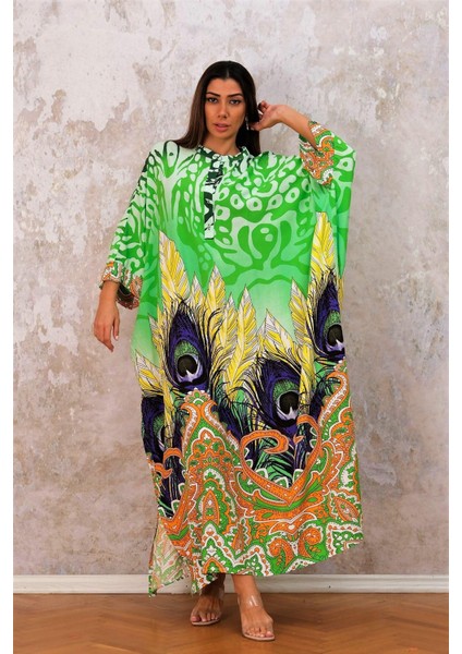 Kadın Yeşil Dik Yaka Desenli Yarasa Kol Oversize Uzun Elbise10