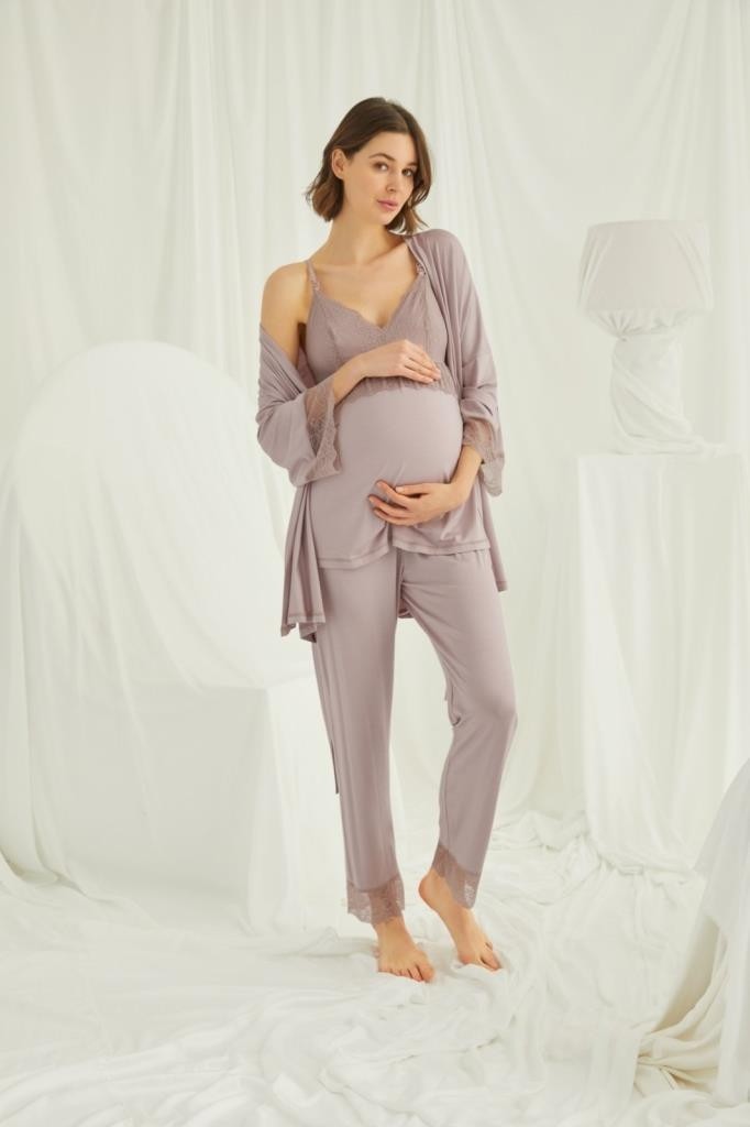 Monamise 18431 Vizon Hamile Lohusa 3 Lü Pijama Sabahlık Tk görsel 2