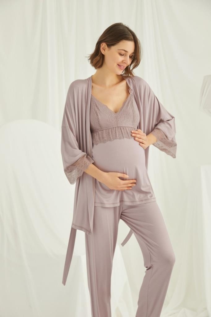 Monamise 18431 Vizon Hamile Lohusa 3 Lü Pijama Sabahlık Tk görsel 5