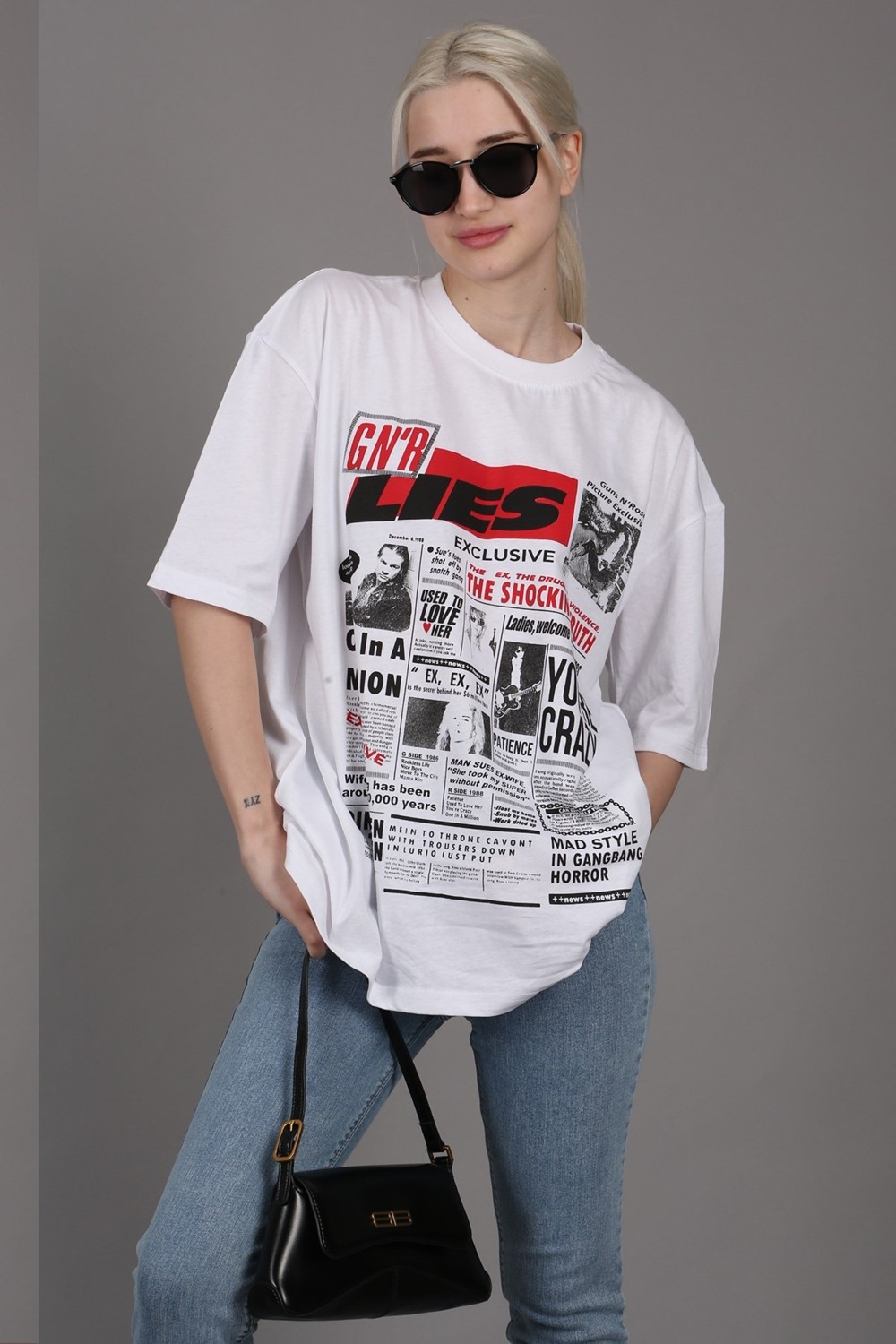 Madmext Lacivert Arka Baskılı Over Fit Kadın Tişört MG1506 görsel 5