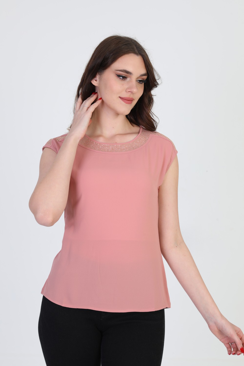 Ella Camelia Kadın Taş Detaylı Kolsuz Bluz 19E020 Ekru görsel 7