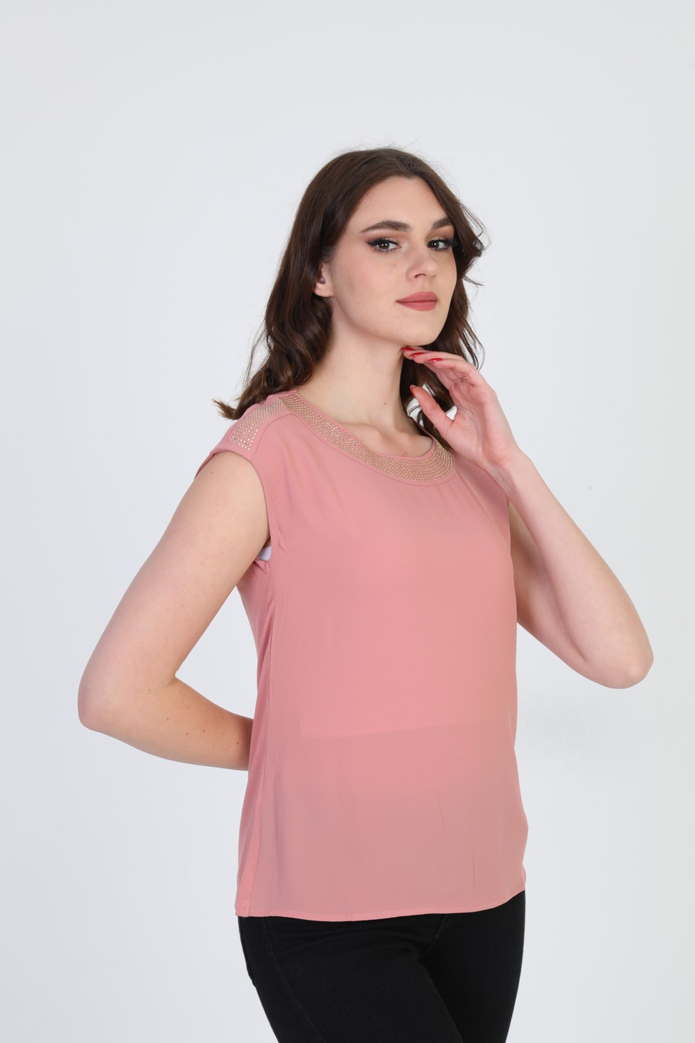 Ella Camelia Kadın Taş Detaylı Kolsuz Bluz 19E020 Ekru görsel 8