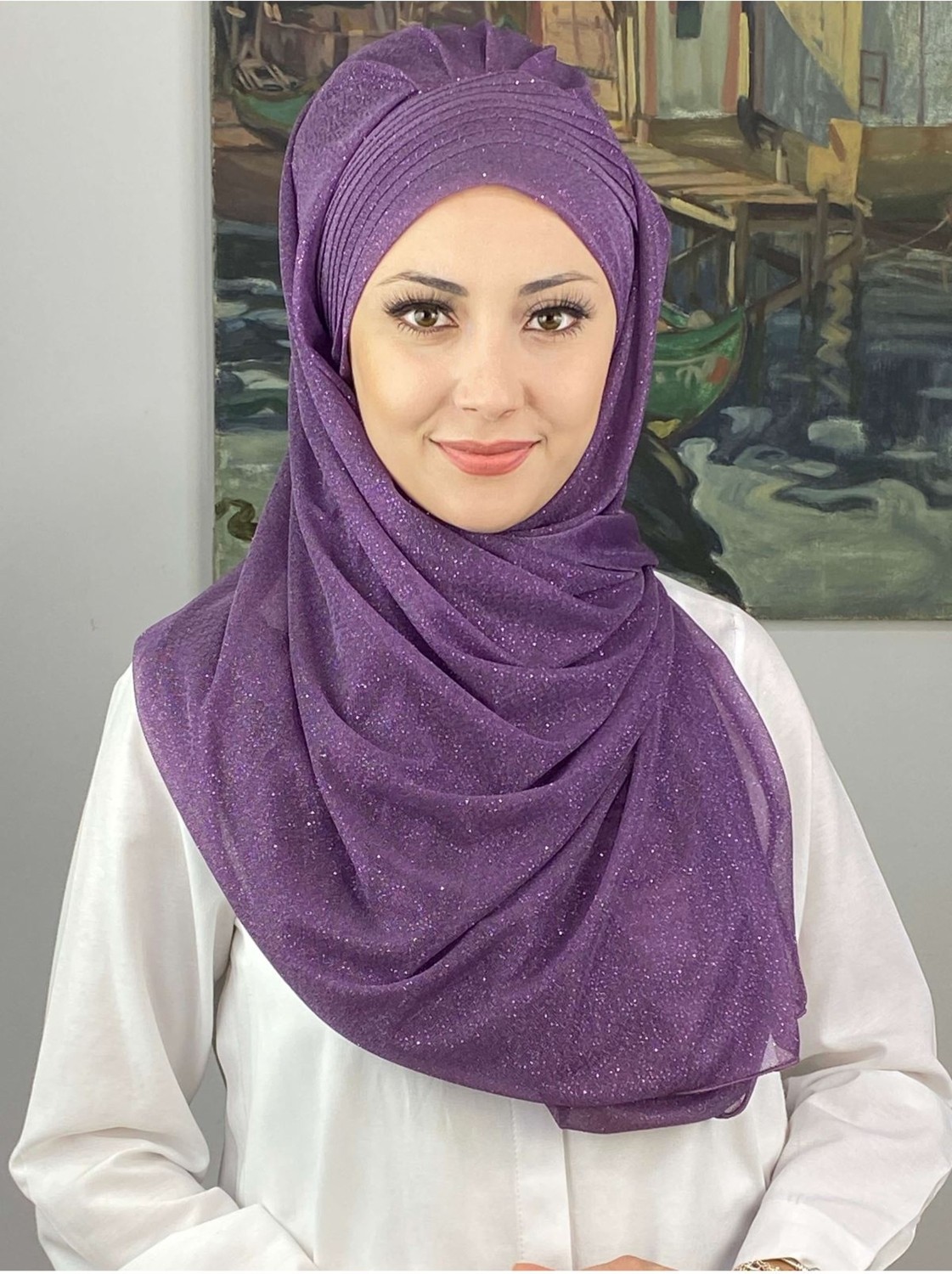 Butik Ambar Saray Model Simli Drapeli Simli Şifon Fuşya Hazır Şal
