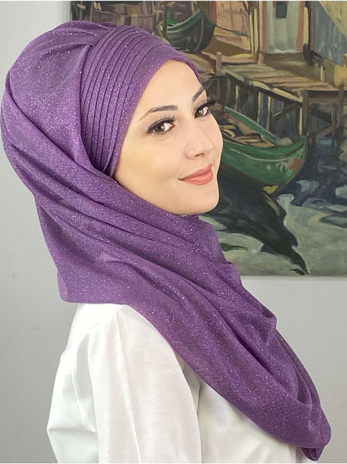 Butik Ambar Saray Model Simli Drapeli Simli Şifon Fuşya Hazır Şal görsel 7