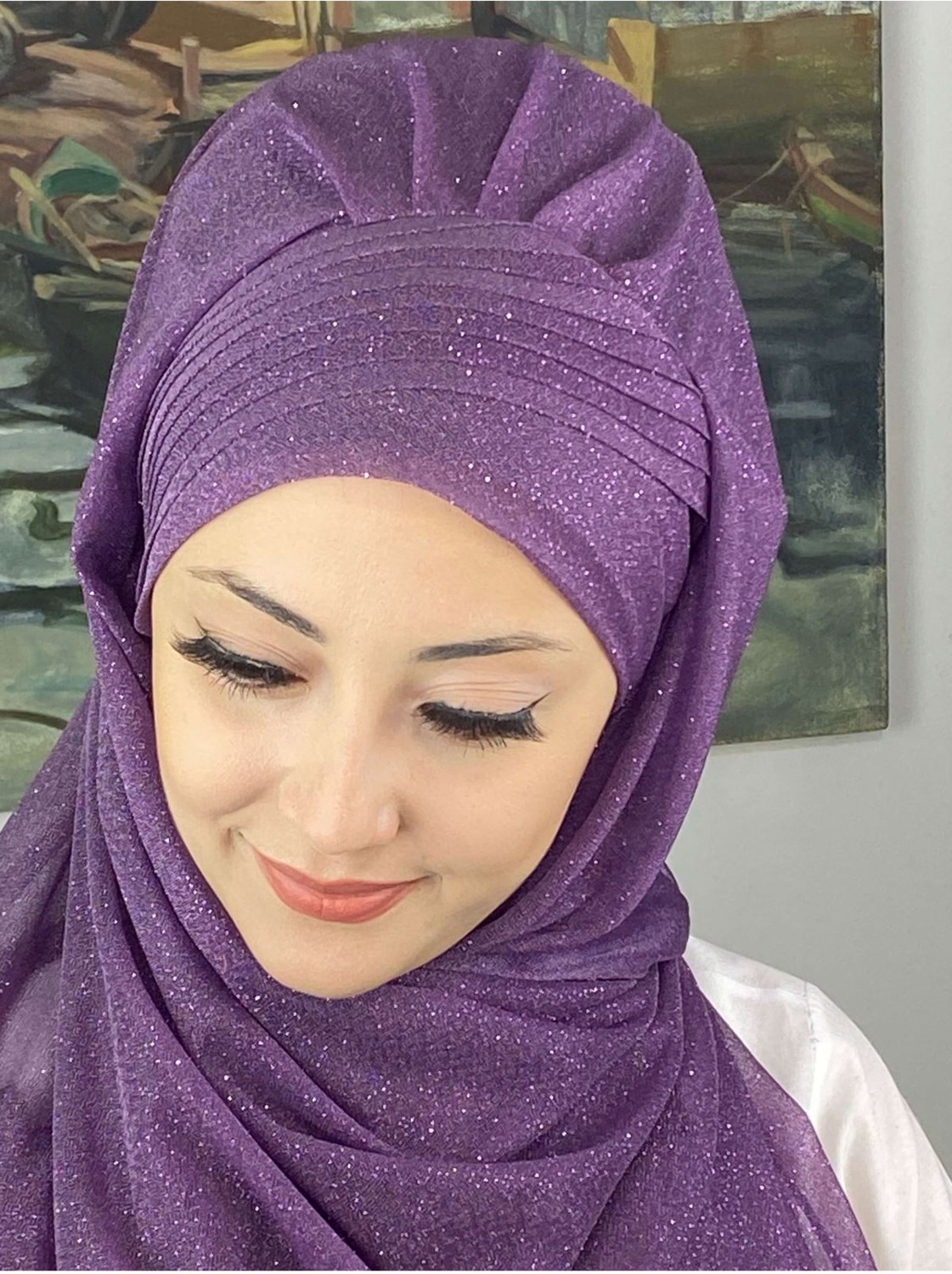 Butik Ambar Saray Model Simli Drapeli Simli Şifon Fuşya Hazır Şal görsel 8