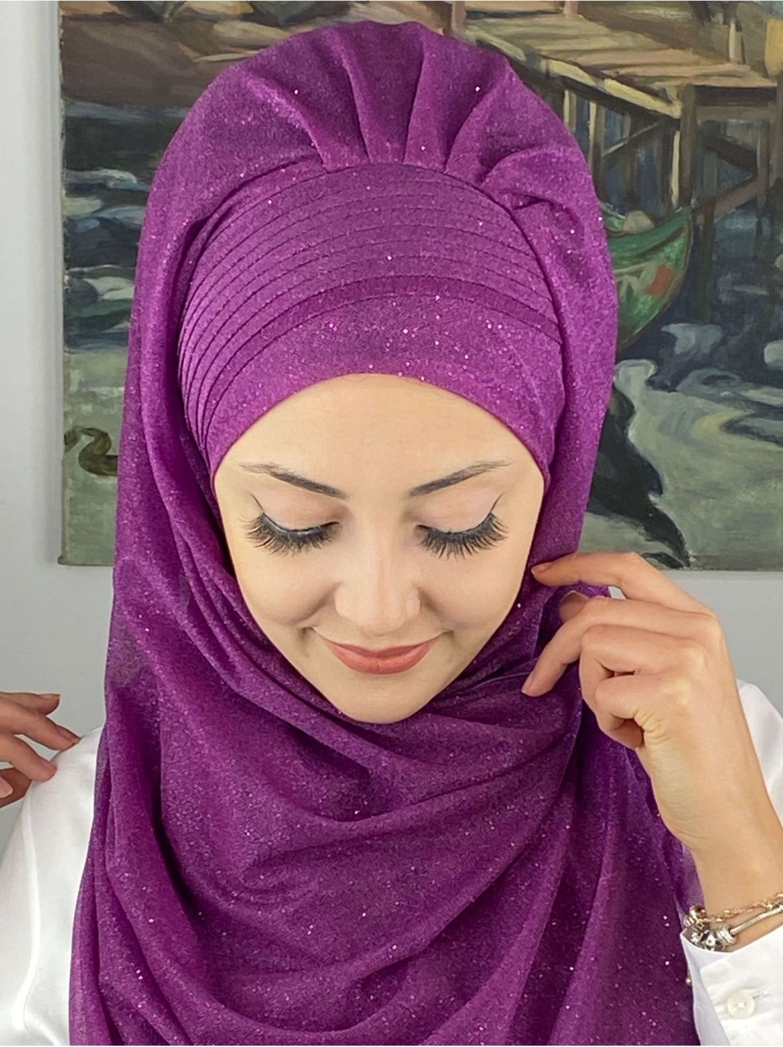 Butik Ambar Saray Model Simli Drapeli Simli Şifon Fuşya Hazır Şal görsel 2