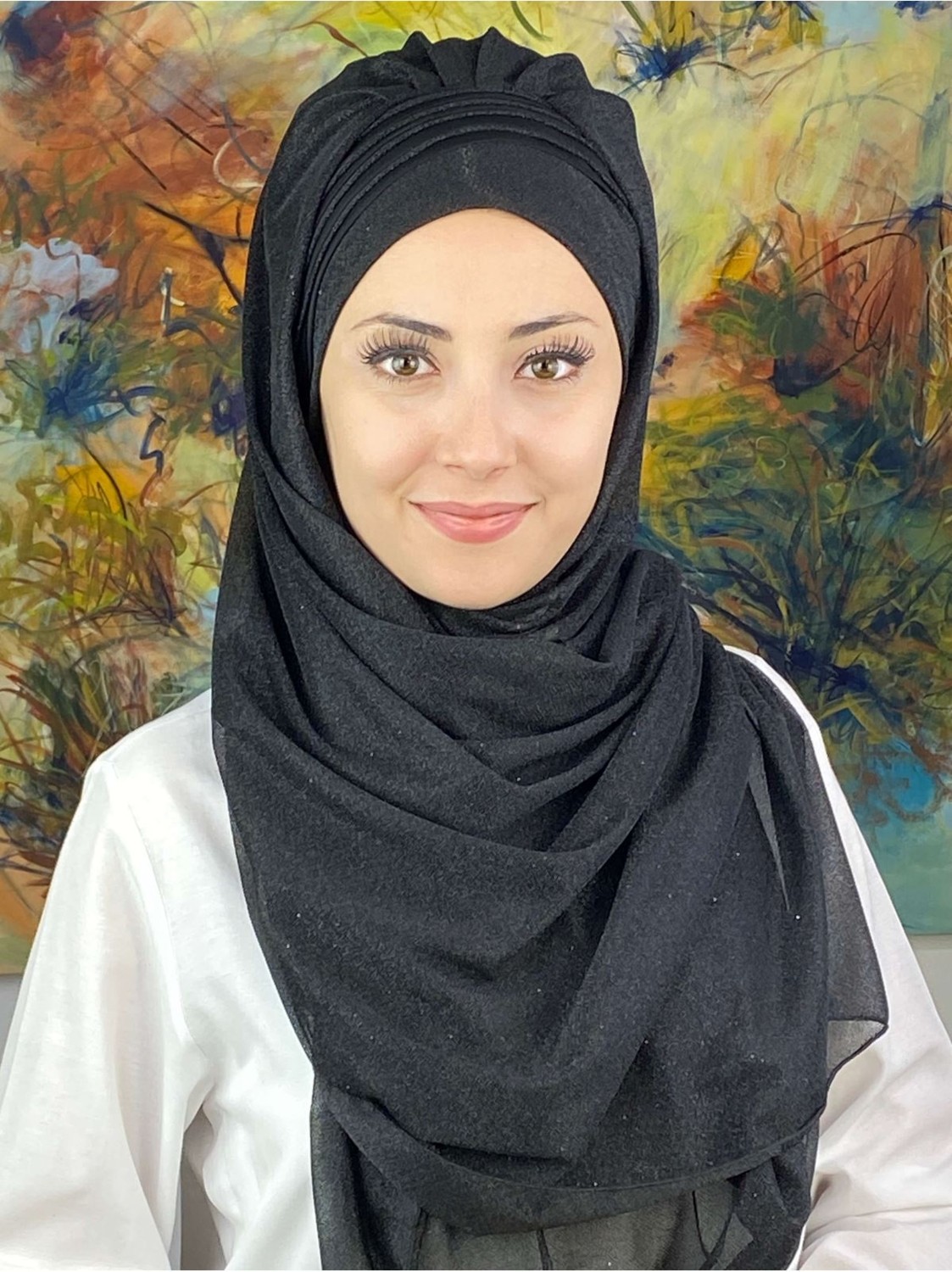 Butik Ambar Saray Model Fransız Şifon Drapeli Simli Siyah Hazır Şal