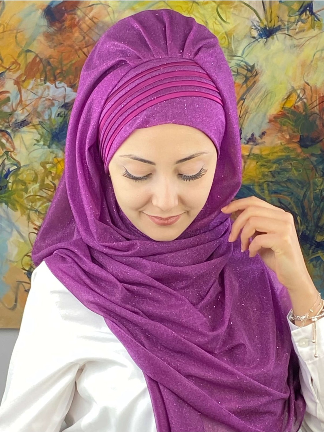 Butik Ambar Saray Model Fransız Şifon Drapeli Simli Siyah Hazır Şal görsel 2