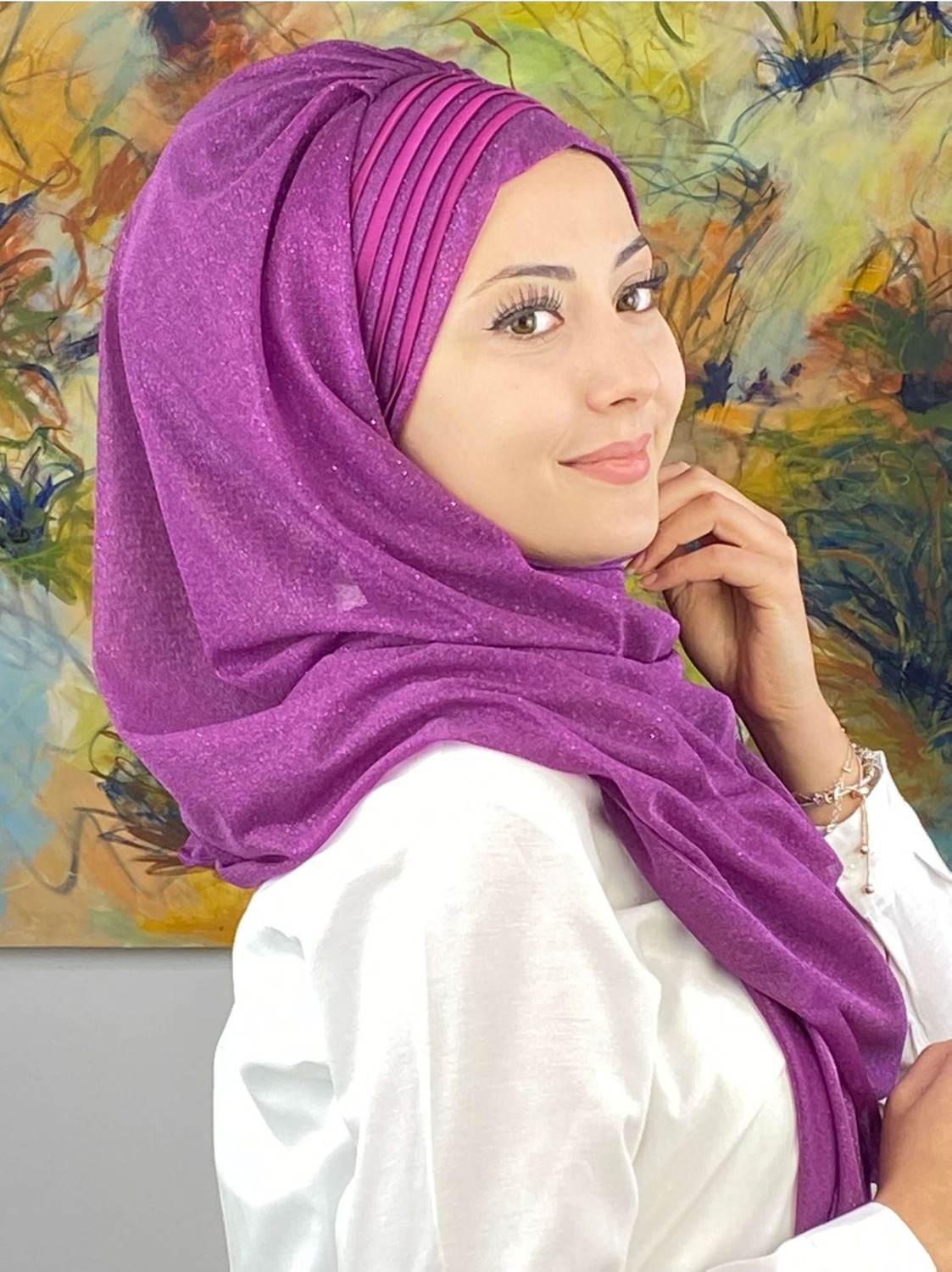 Butik Ambar Saray Model Fransız Şifon Drapeli Simli Siyah Hazır Şal görsel 3