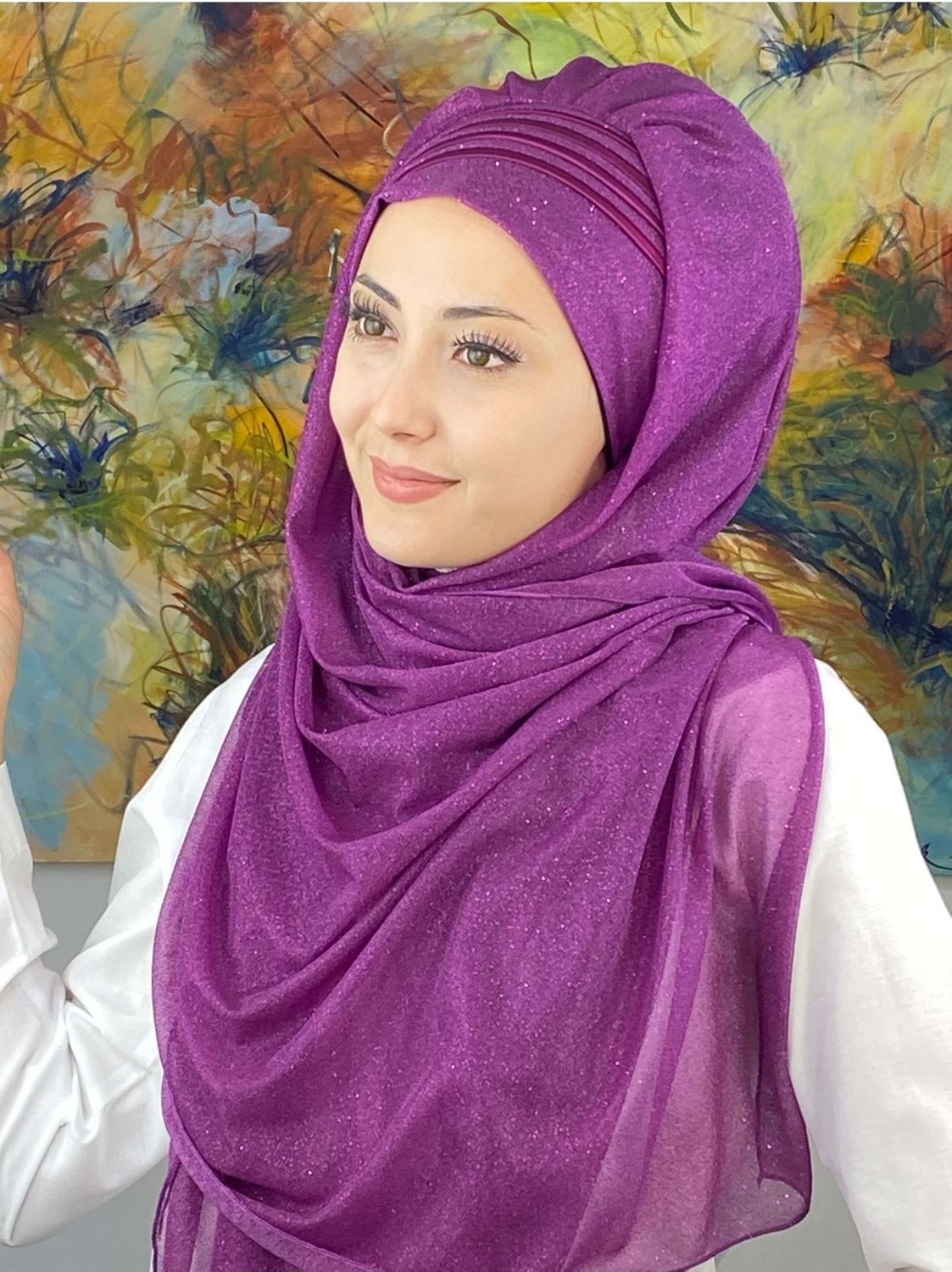 Butik Ambar Saray Model Fransız Şifon Drapeli Simli Siyah Hazır Şal görsel 4