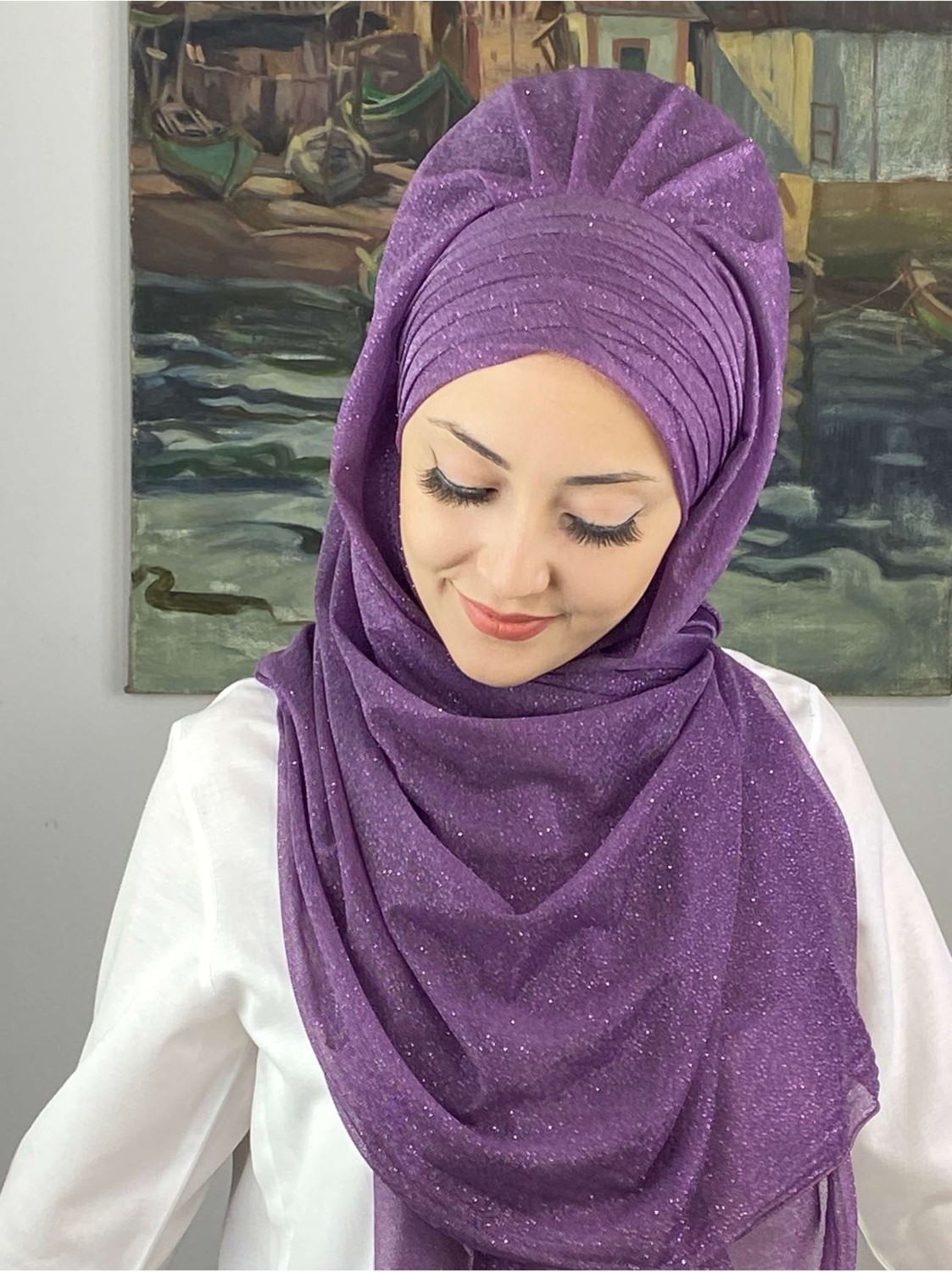 Butik Ambar Topkapı Çapraz Drapeli Simli Leylak Rengi Hazır Şal görsel 7