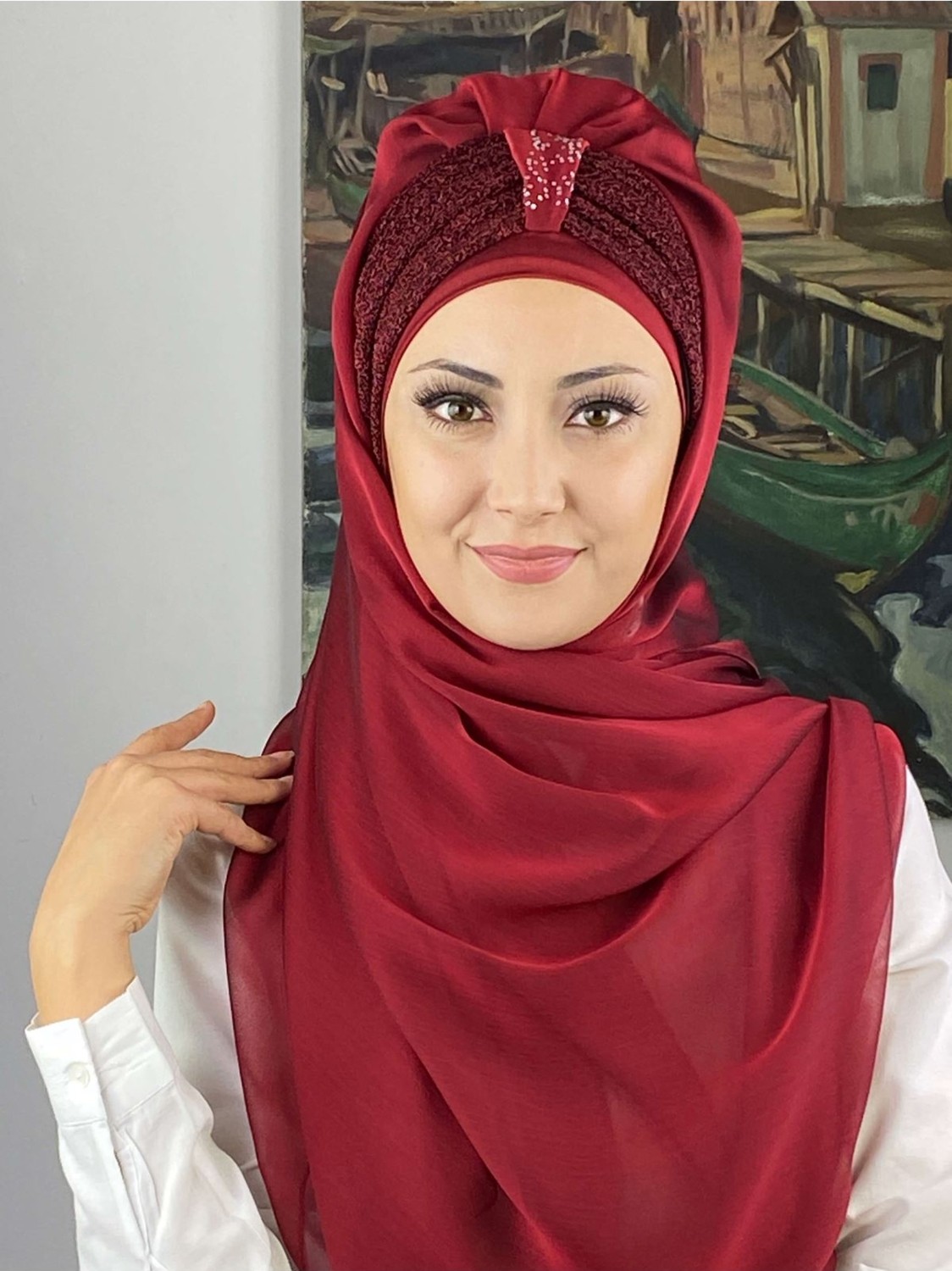 Butik Ambar Tek Biritli Sultan Model Büzgülü Fransız Şifon Açık Gri Hazır Şal