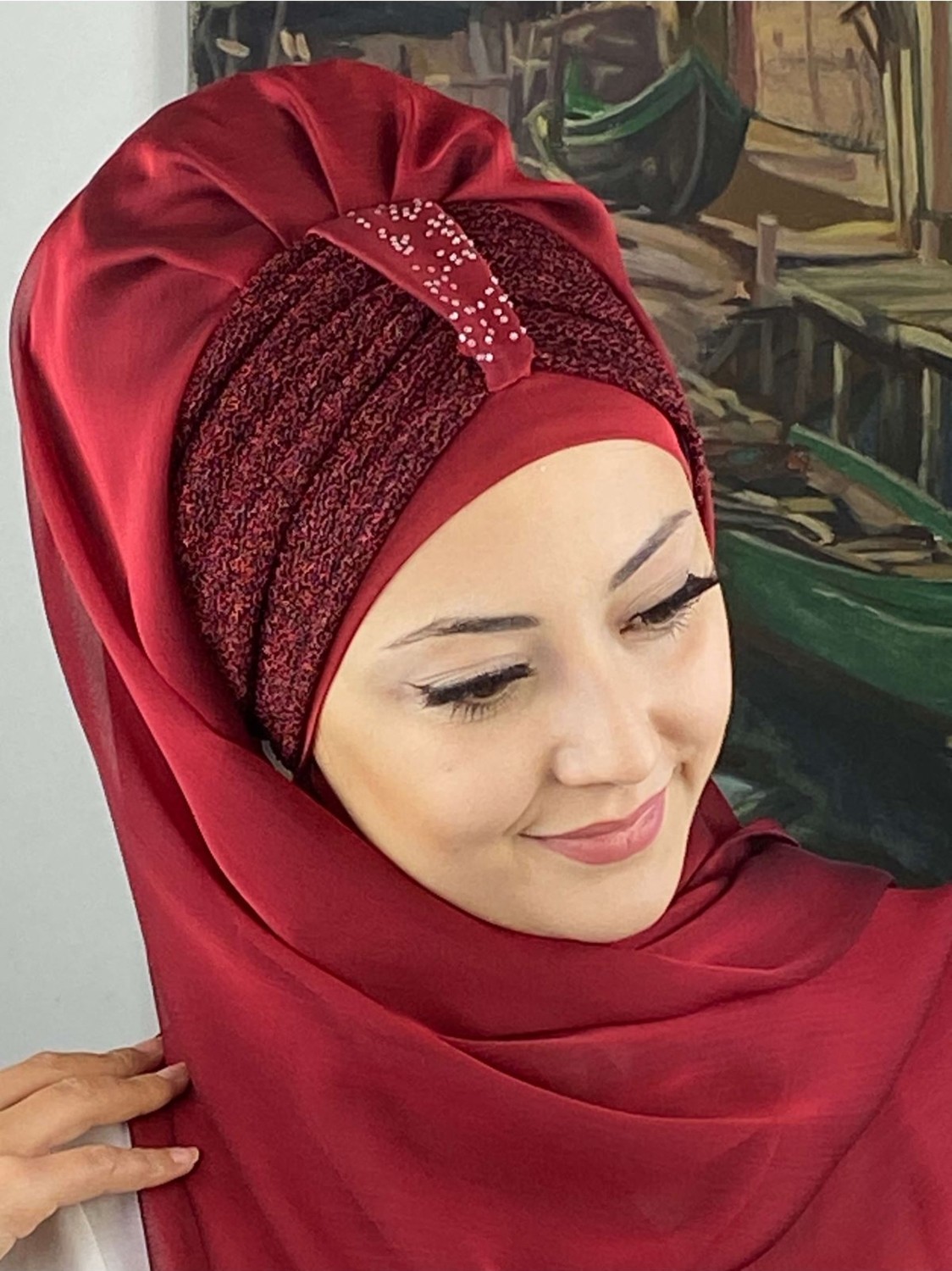 Butik Ambar Tek Biritli Sultan Model Büzgülü Fransız Şifon Açık Gri Hazır Şal görsel 2