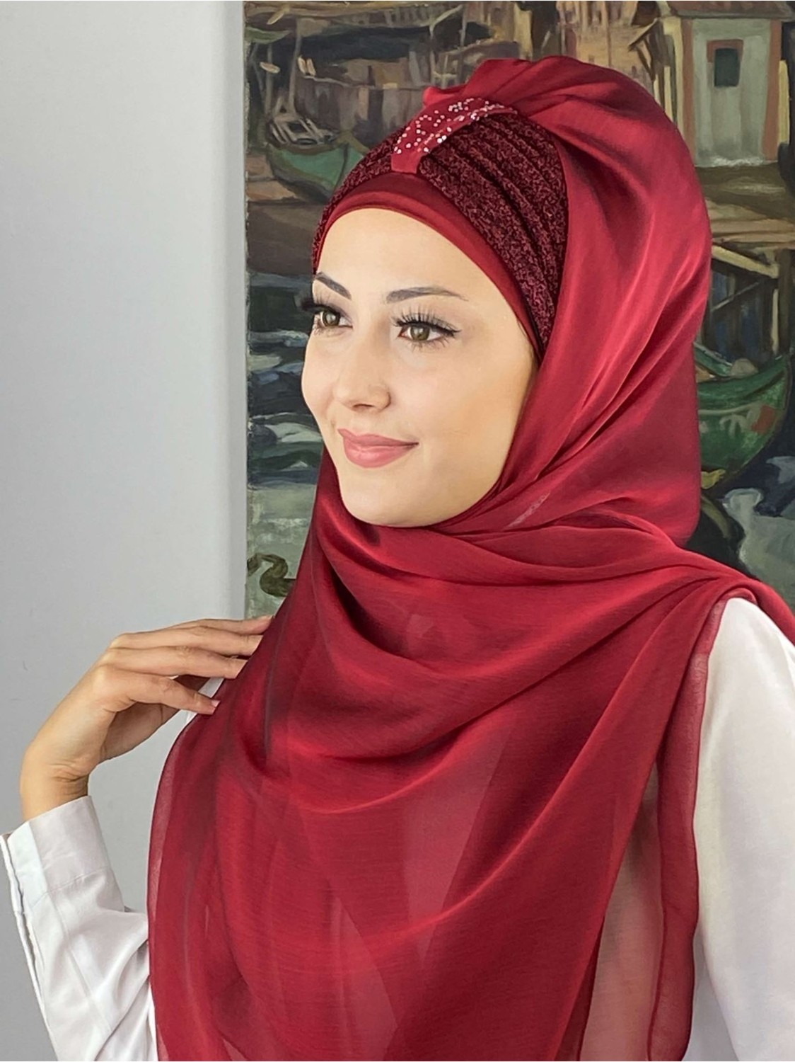 Butik Ambar Tek Biritli Sultan Model Büzgülü Fransız Şifon Açık Gri Hazır Şal görsel 3