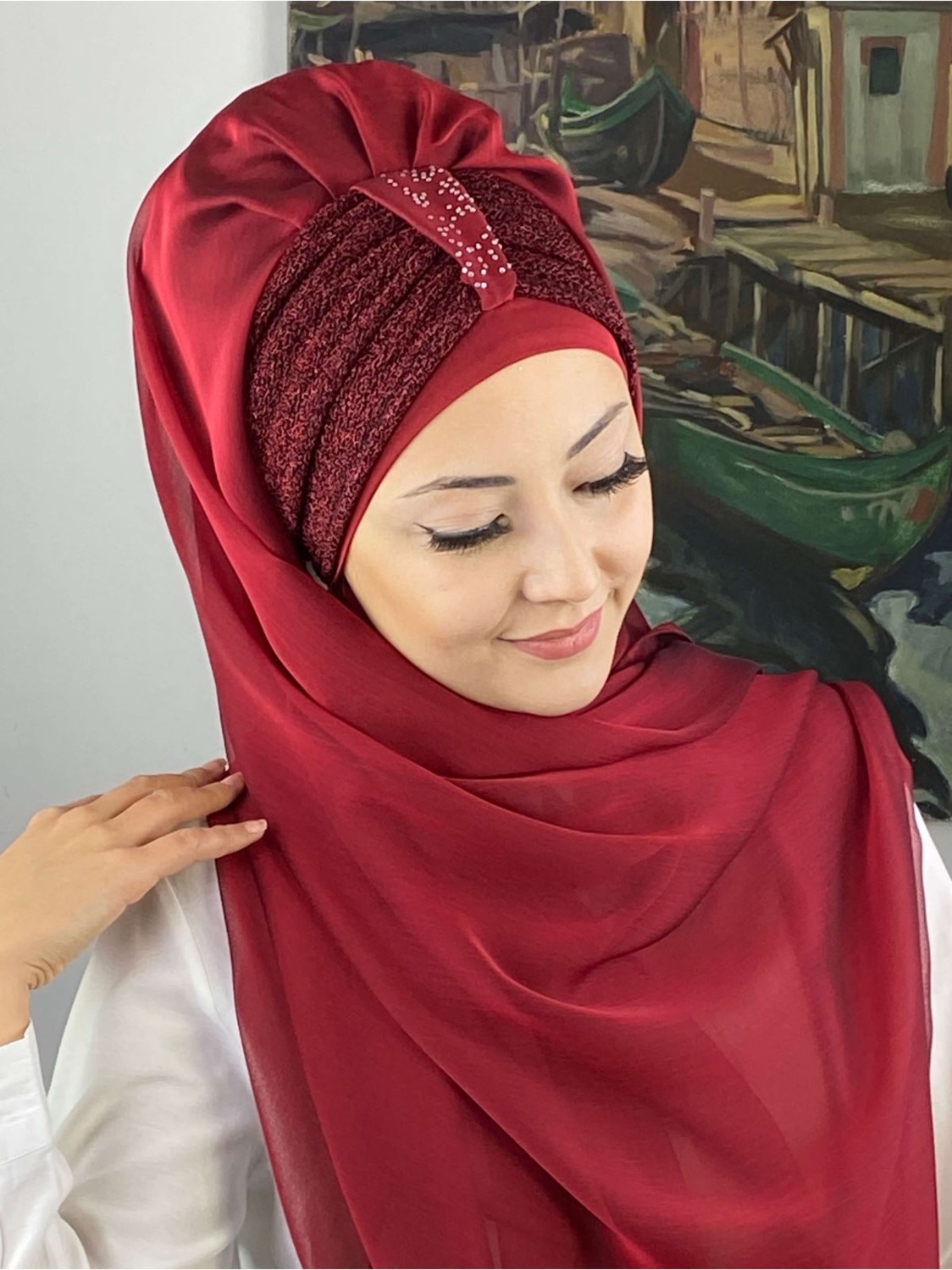 Butik Ambar Tek Biritli Sultan Model Büzgülü Fransız Şifon Açık Gri Hazır Şal görsel 4