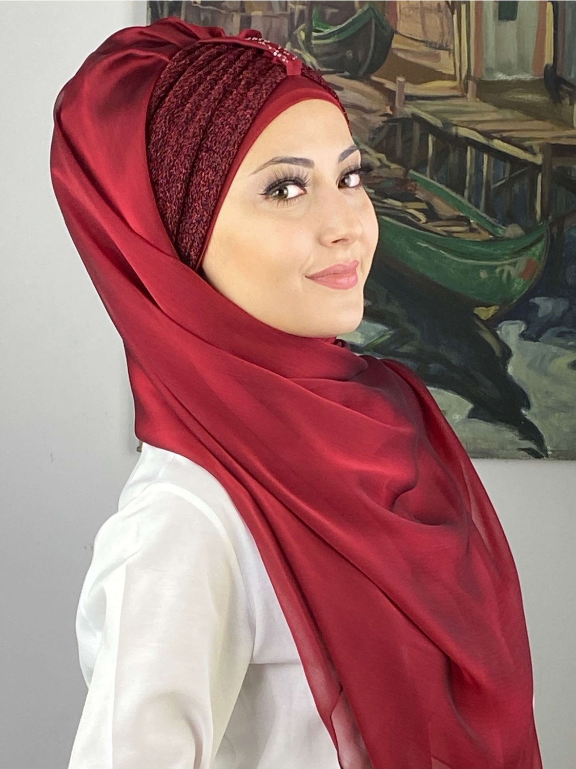Butik Ambar Tek Biritli Sultan Model Büzgülü Fransız Şifon Açık Gri Hazır Şal görsel 5