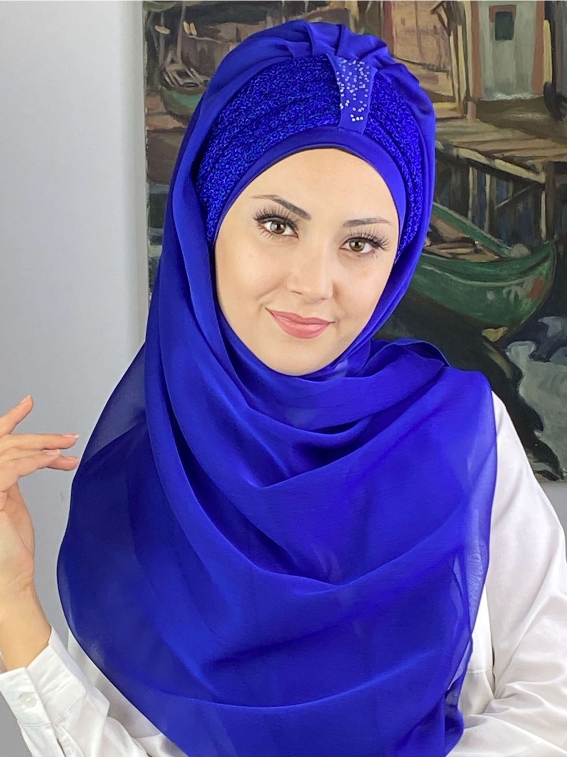 Butik Ambar Tek Biritli Sultan Model Büzgülü Fransız Şifon Açık Gri Hazır Şal görsel 6