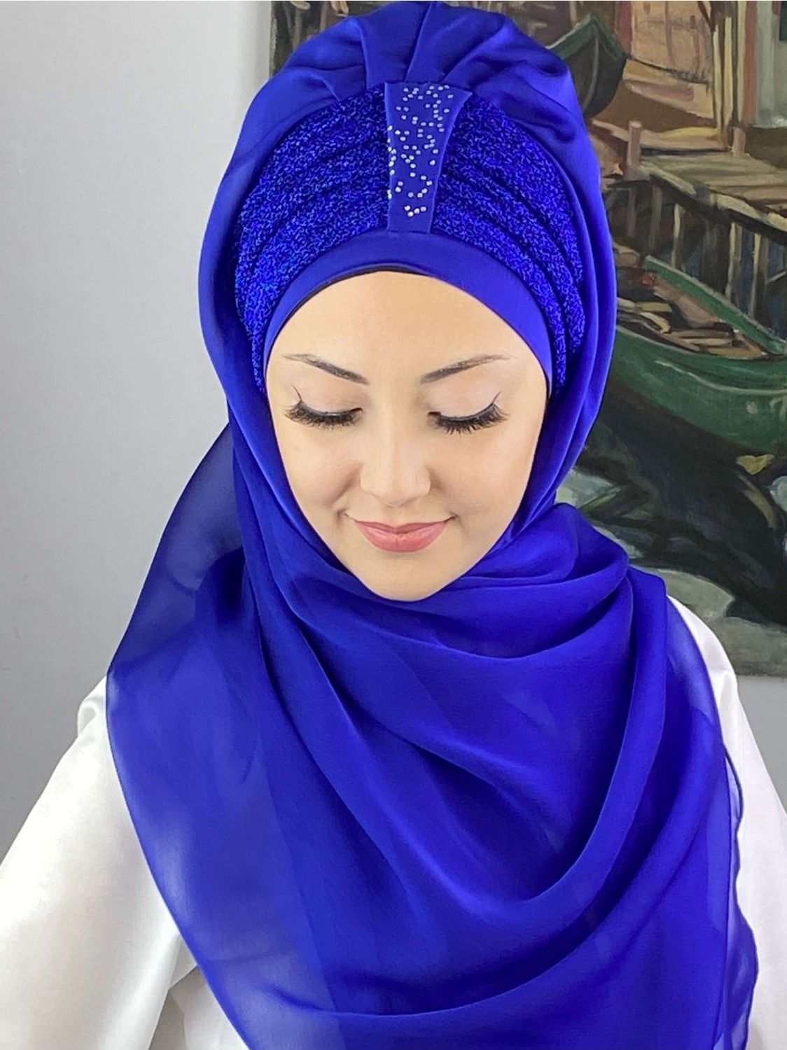 Butik Ambar Tek Biritli Sultan Model Büzgülü Fransız Şifon Açık Gri Hazır Şal görsel 7