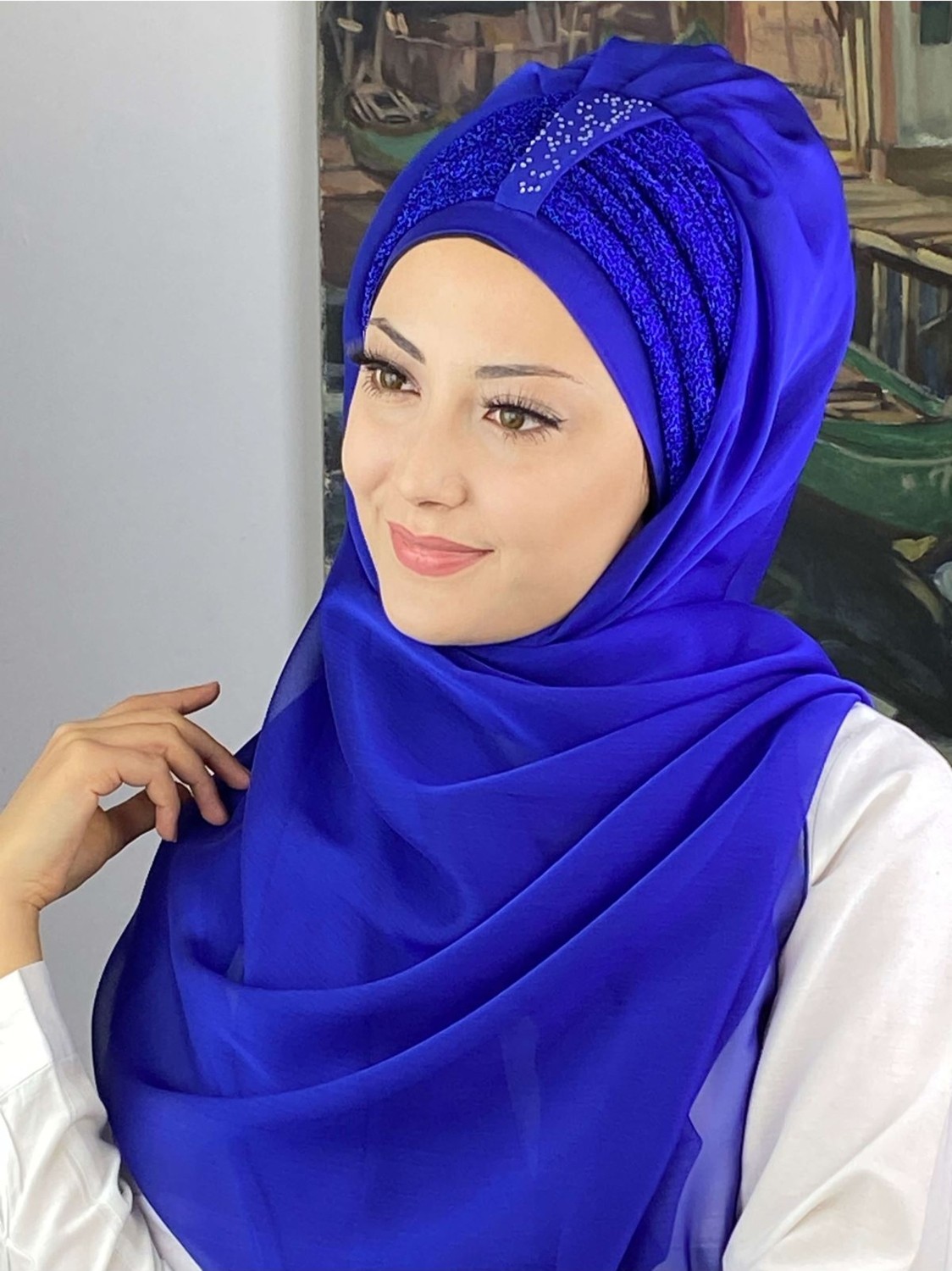 Butik Ambar Tek Biritli Sultan Model Büzgülü Fransız Şifon Açık Gri Hazır Şal görsel 8
