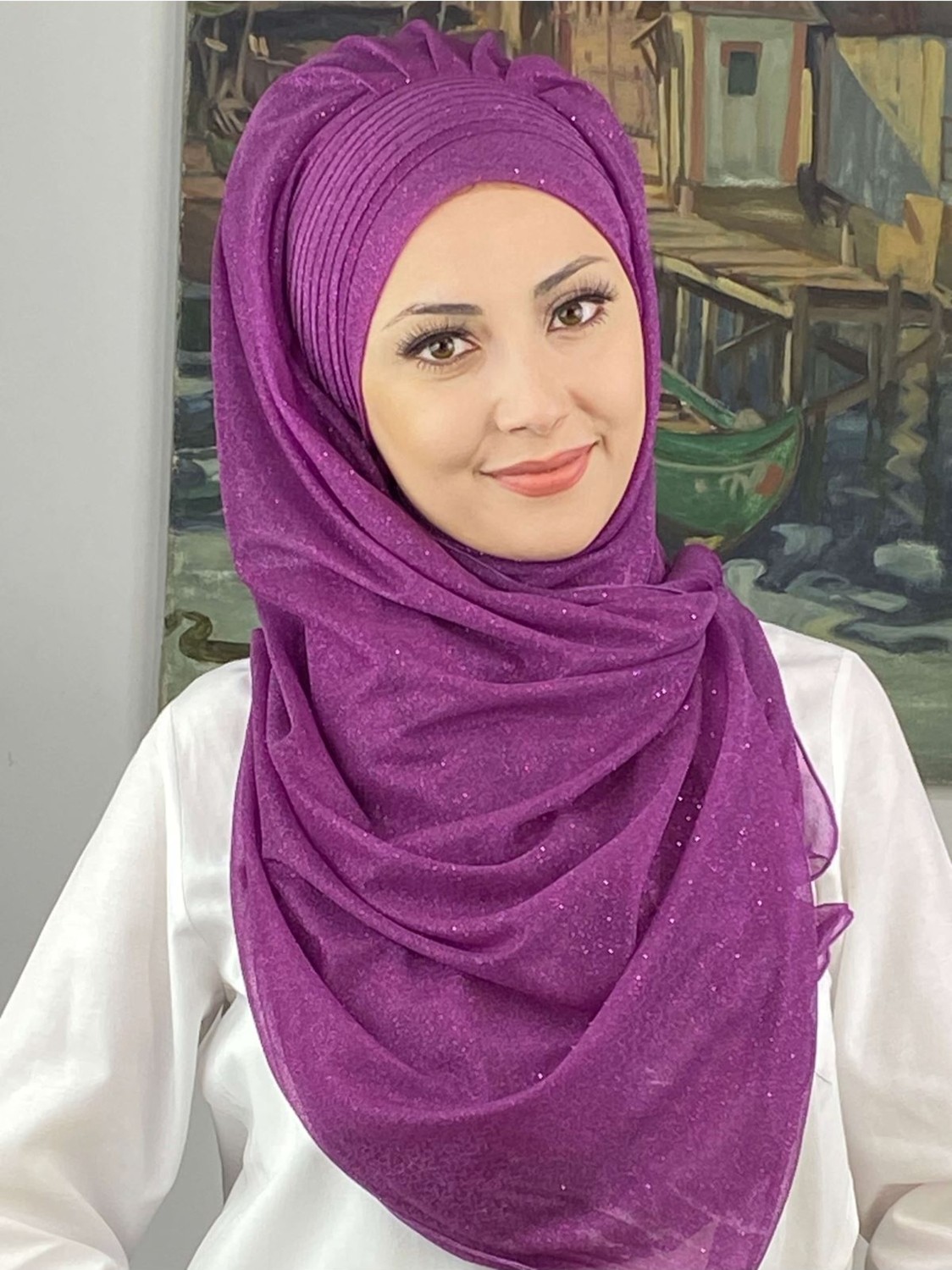 Butik Ambar Saray Model Simli Drapeli Simli Şifon Fuşya Hazır Şal