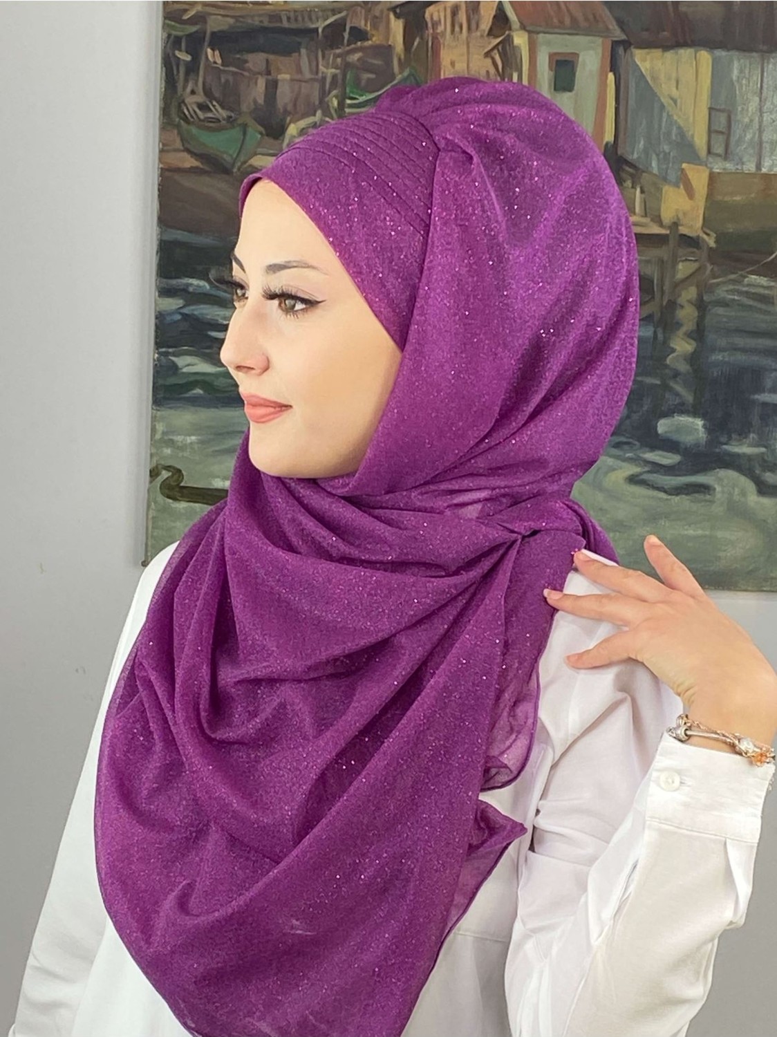 Butik Ambar Saray Model Simli Drapeli Simli Şifon Fuşya Hazır Şal görsel 3