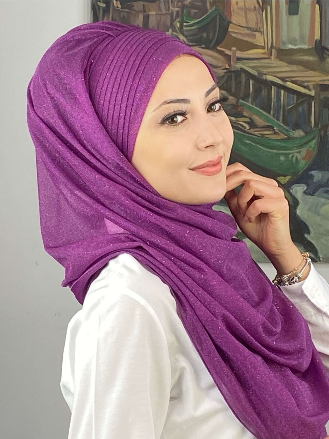 Butik Ambar Saray Model Simli Drapeli Simli Şifon Fuşya Hazır Şal görsel 4