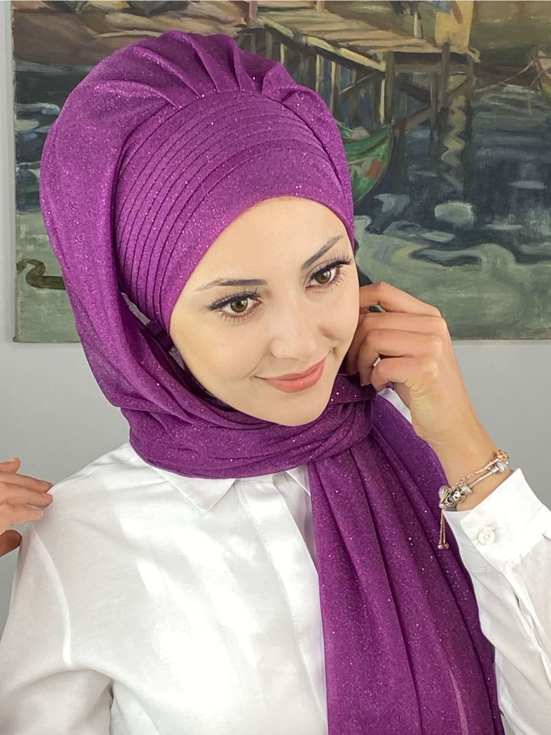 Butik Ambar Saray Model Simli Drapeli Simli Şifon Fuşya Hazır Şal görsel 5