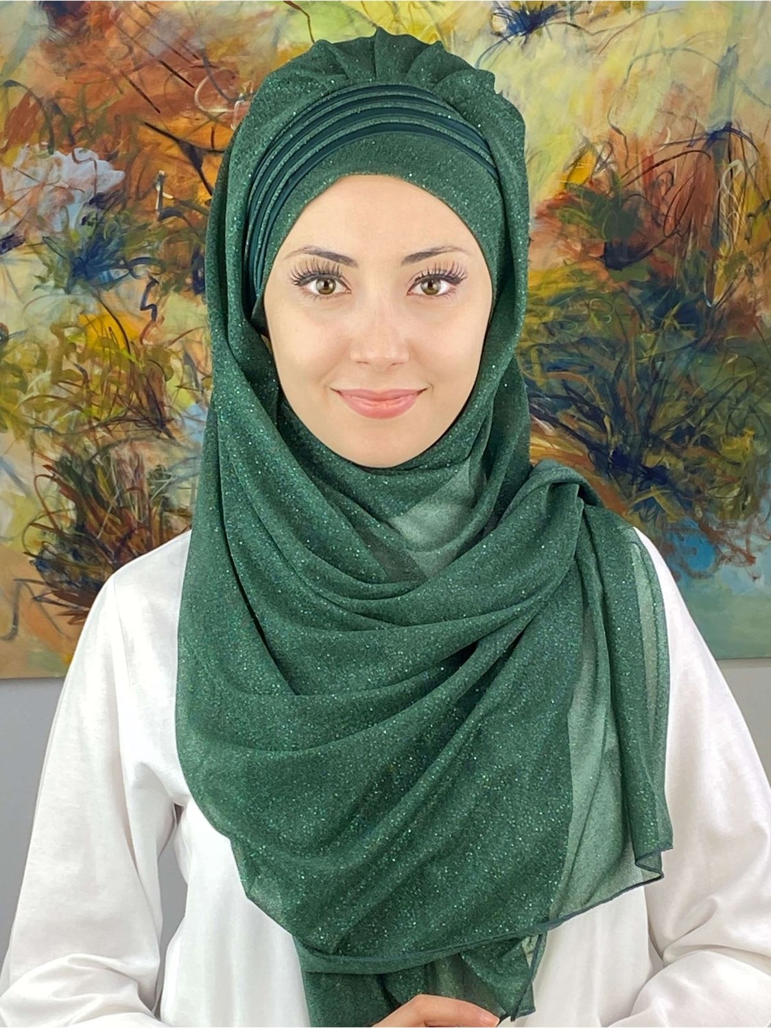 Butik Ambar Saray Model Fransız Şifon Drapeli Simli Siyah Hazır Şal