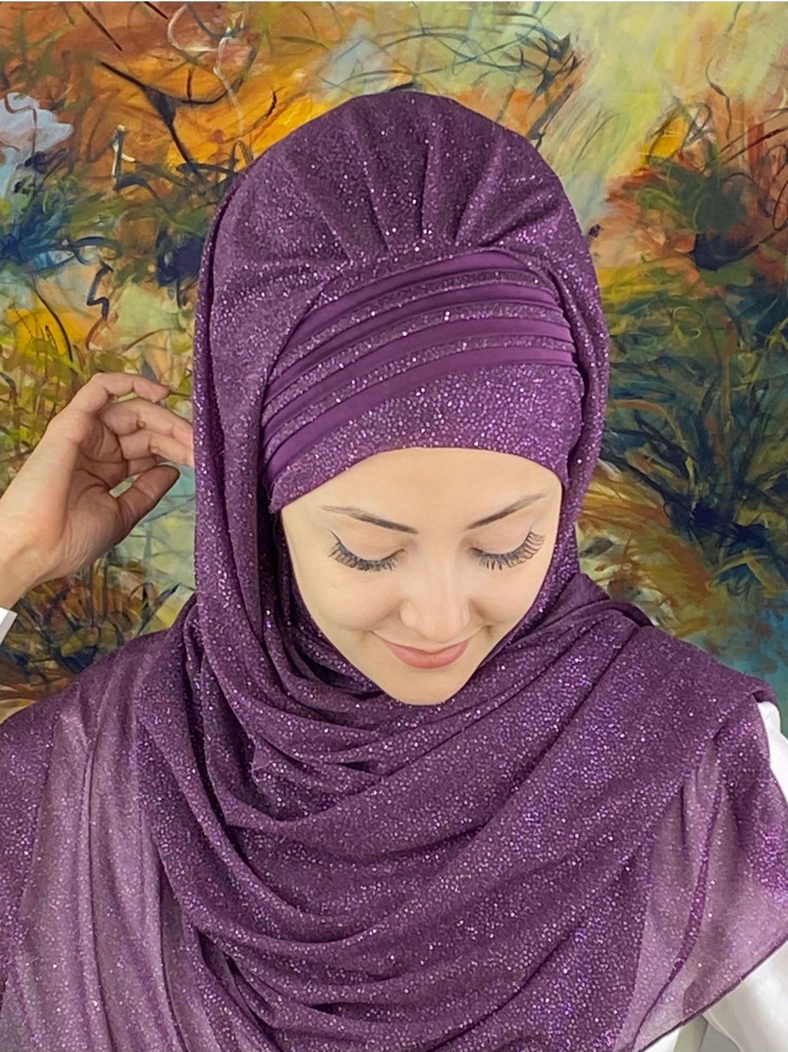 Butik Ambar Saray Model Fransız Şifon Drapeli Simli Siyah Hazır Şal görsel 7