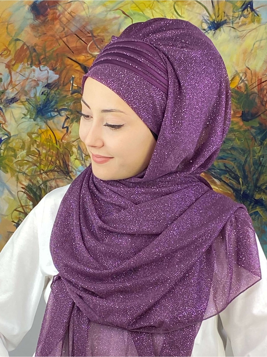 Butik Ambar Saray Model Fransız Şifon Drapeli Simli Siyah Hazır Şal görsel 8