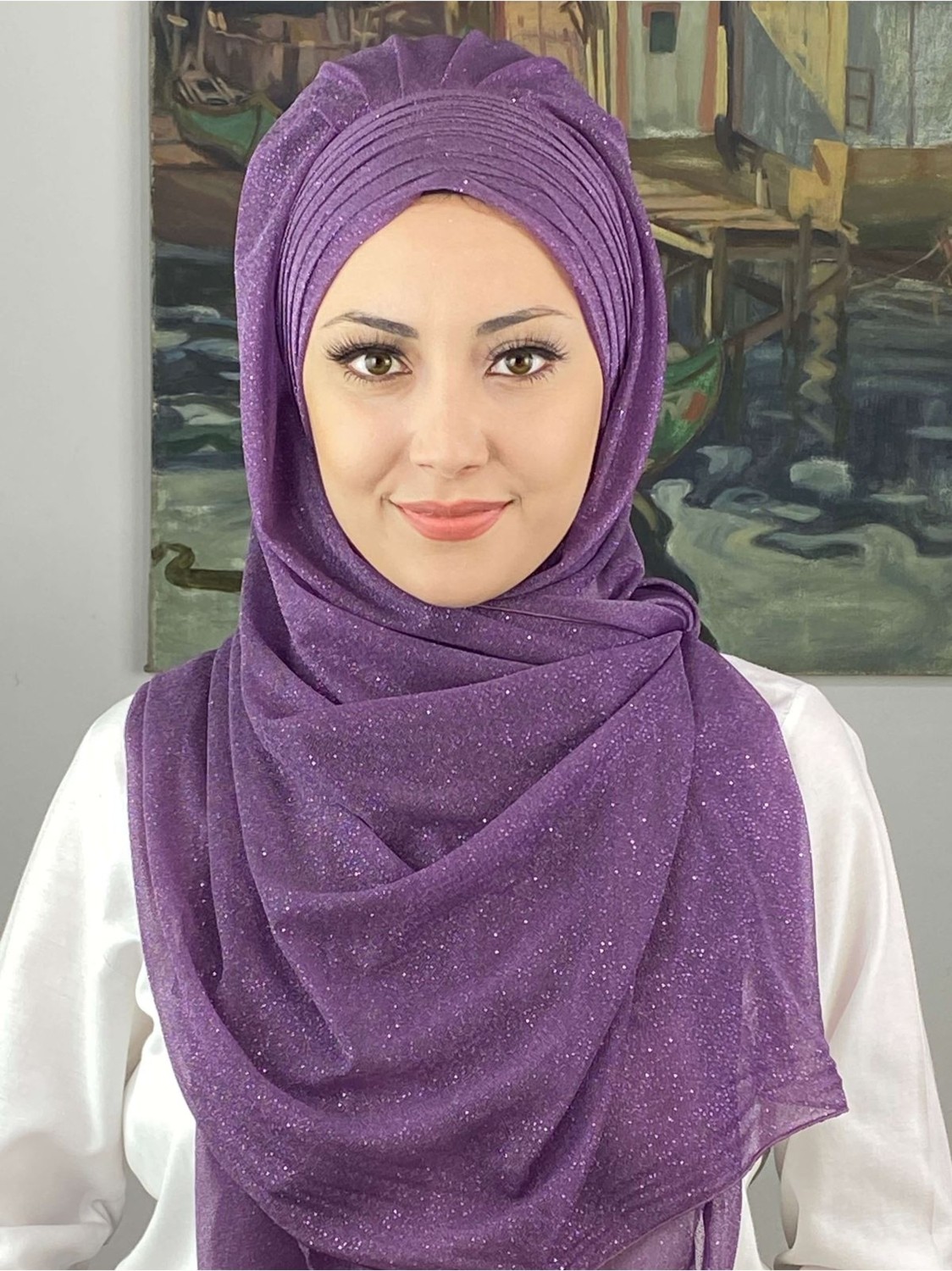 Butik Ambar Topkapı Çapraz Drapeli Simli Leylak Rengi Hazır Şal