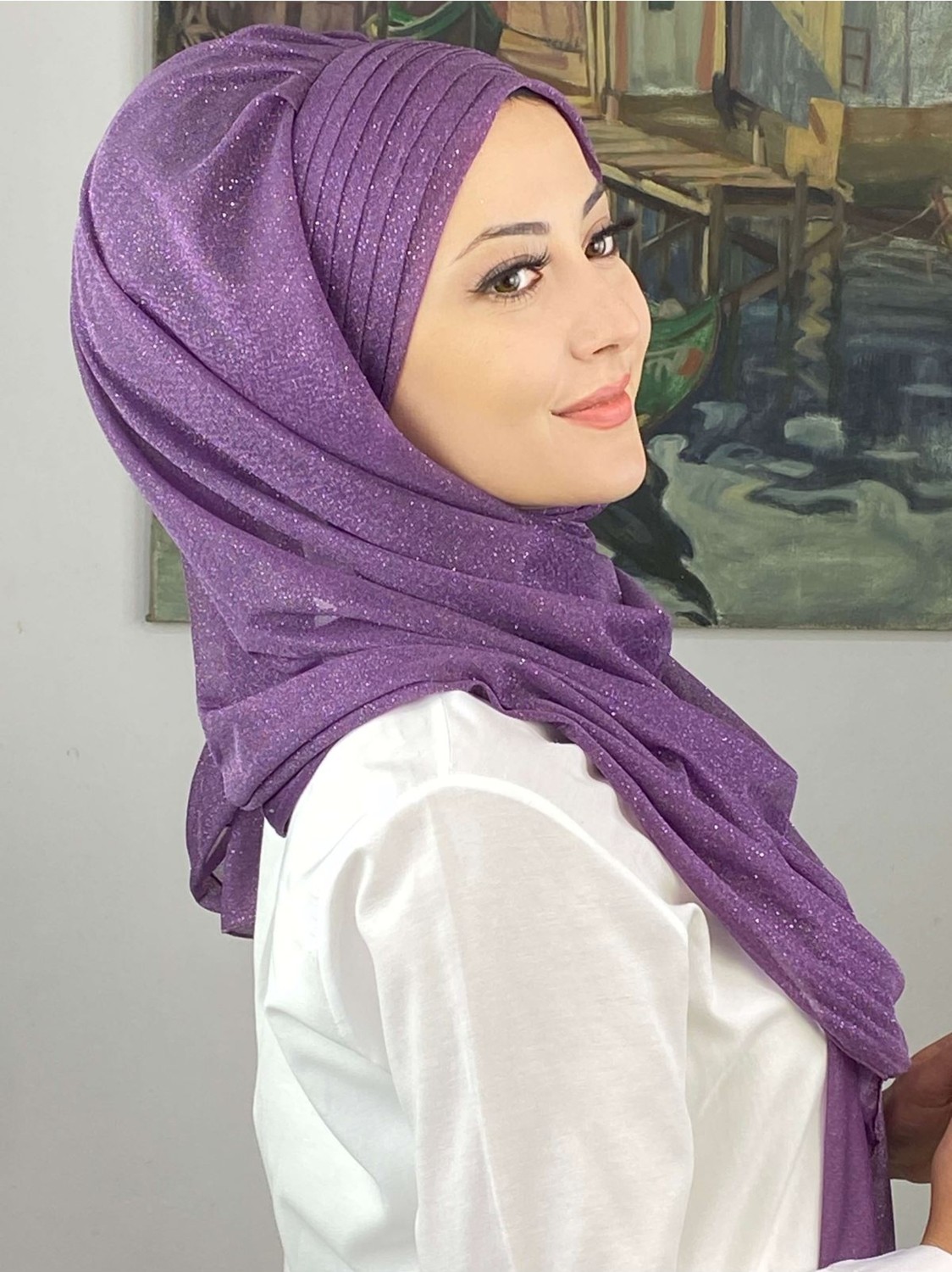 Butik Ambar Topkapı Çapraz Drapeli Simli Leylak Rengi Hazır Şal görsel 8