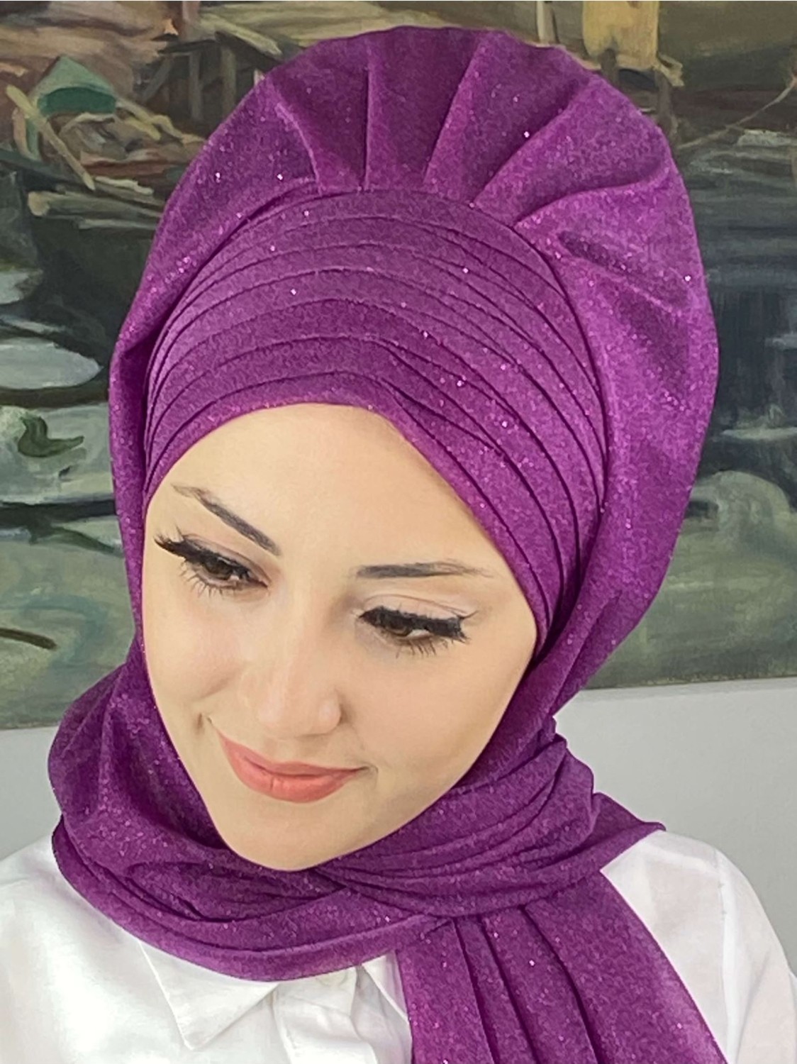 Butik Ambar Topkapı Çapraz Drapeli Simli Leylak Rengi Hazır Şal görsel 2