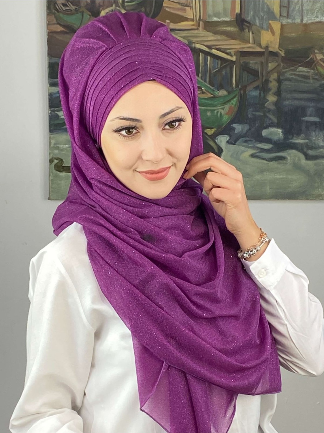 Butik Ambar Topkapı Çapraz Drapeli Simli Leylak Rengi Hazır Şal görsel 3