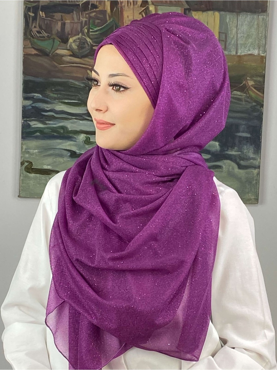 Butik Ambar Topkapı Çapraz Drapeli Simli Leylak Rengi Hazır Şal görsel 4