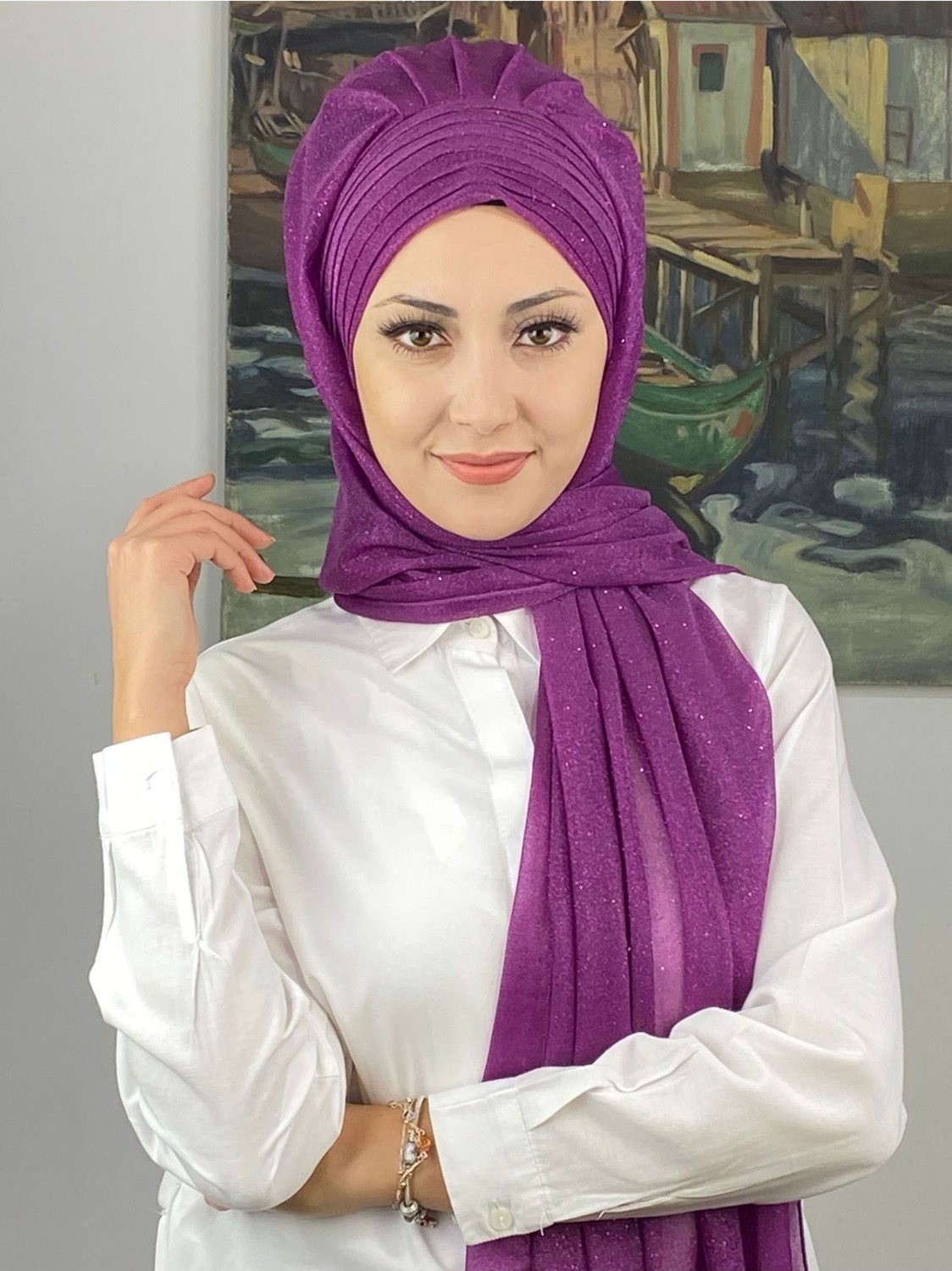 Butik Ambar Topkapı Çapraz Drapeli Simli Leylak Rengi Hazır Şal görsel 5