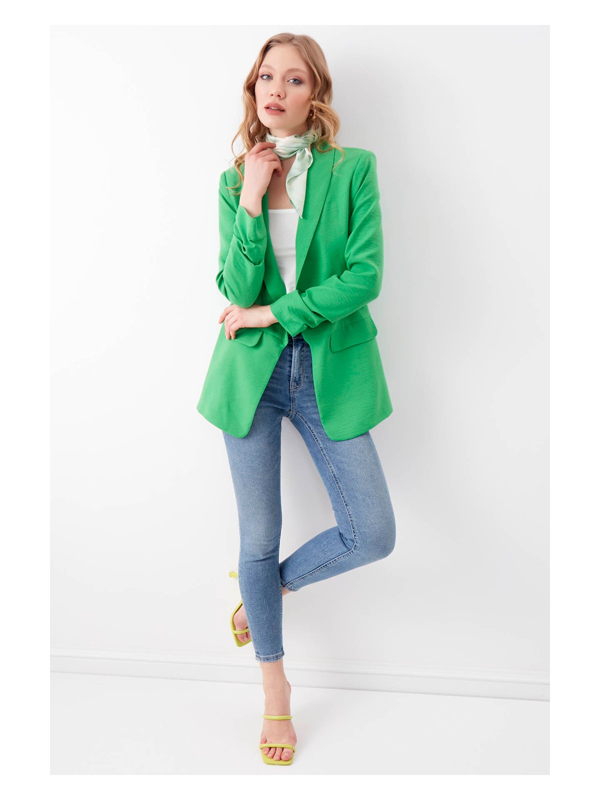 Vitrin Kolu Büzgülü Viskon Keten Ceket - Görsel 7