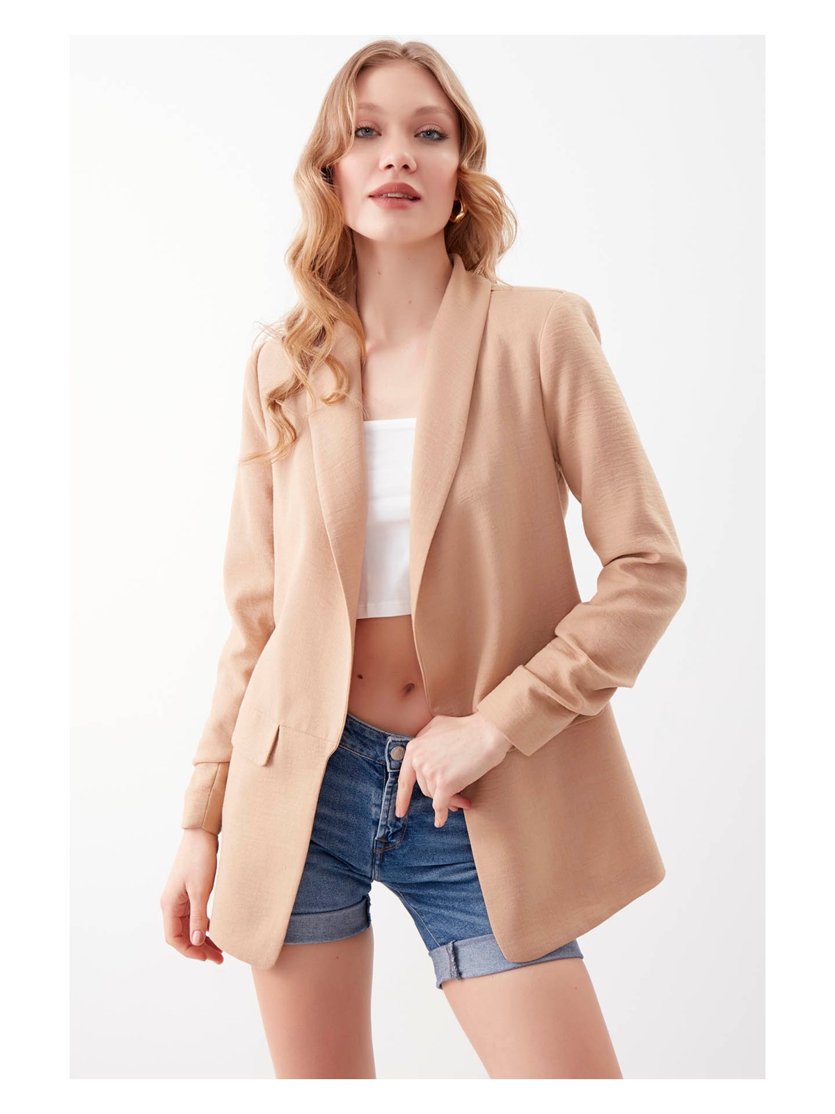 Vitrin Kolu Büzgülü Viskon Keten Ceket