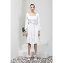 Livanomi Kare Yaka Beyaz Saten Abiye Elbise