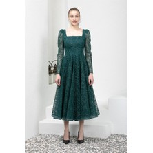 Livanomi Kare Yaka Yeşil Gliter Midi Boy Abiye Elbise