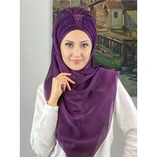 Butik Ambar Tek Biritli Sultan Model Büzgülü Fransız Şifon Koyu Mor Hazır Şal