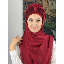 Butik Ambar Tek Biritli Sultan Model Büzgülü Fransız Şifon Bordo Hazır Şal