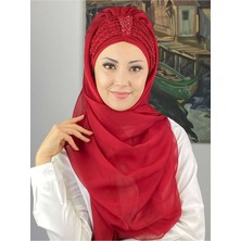 Butik Ambar Tek Biritli Sultan Model Büzgülü Fransız Şifon Kırmızı Hazır Şal