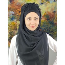 Butik Ambar Saray Model Simli Drapeli Fransız Şifon Siyah Hazır Şal