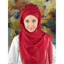 Butik Ambar Saray Model Simli Drapeli Fransız Şifon Kırmızı Hazır Şal
