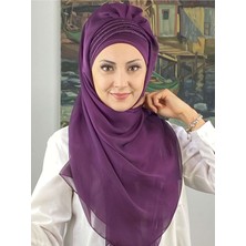 Butik Ambar Saray Model Simli Drapeli Fransız Şifon Koyu Mor Hazır Şal