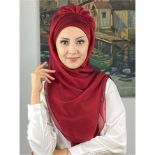 Butik Ambar Saray Model Simli Drapeli Fransız Şifon Bordo Hazır Şal